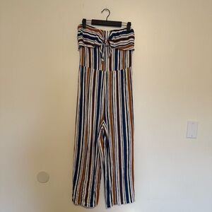 Love Tree | Blue and Brown Striped Strapless Jumpsuit